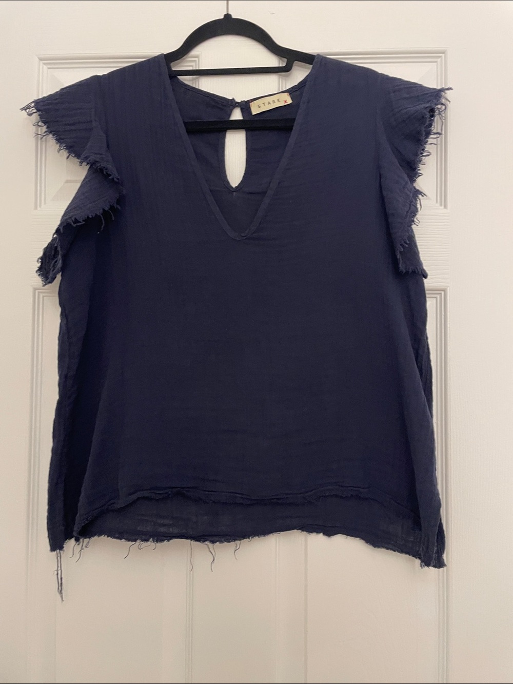 Navy gauze Frayed Sleeve V-Neck Top by stark x.